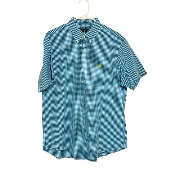Ralph Lauren Shirt Teal White Gingham Short Sleeve Button Down Yellow Pony XL - Picture 4 of 7